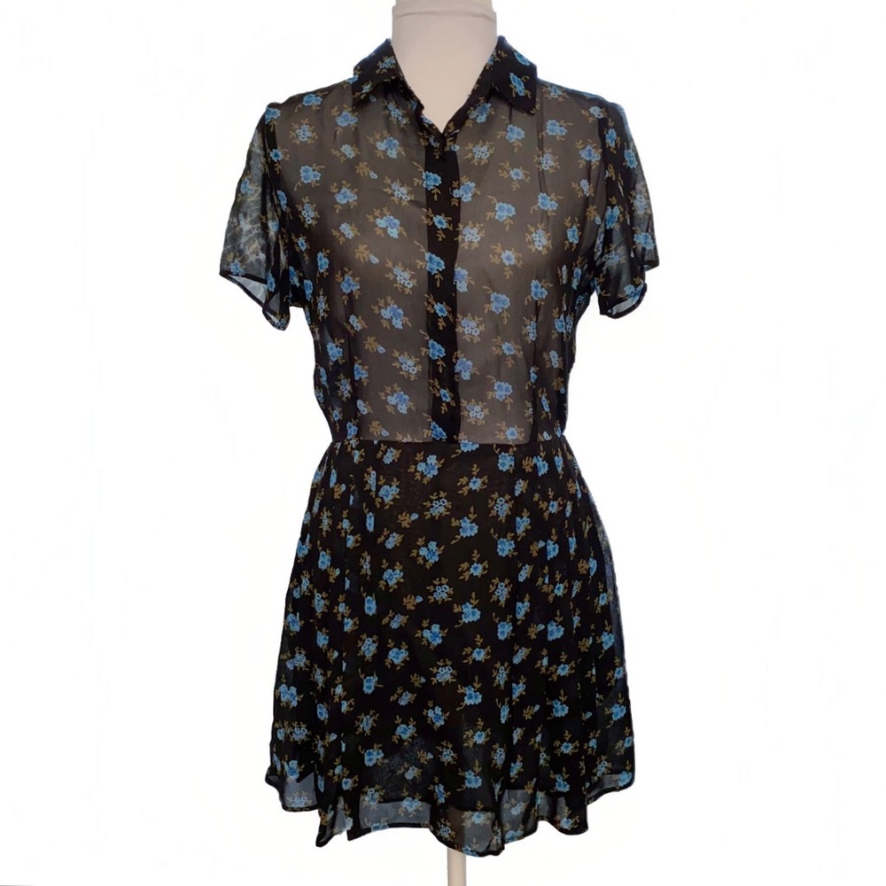 Reformation black blue floral print collared 1/2 button short sleeve mini dress - Picture 1 of 13